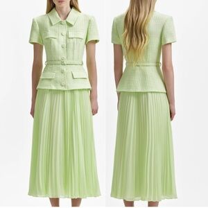 Self Portrait Lime Green Boucle Blazer midi dress